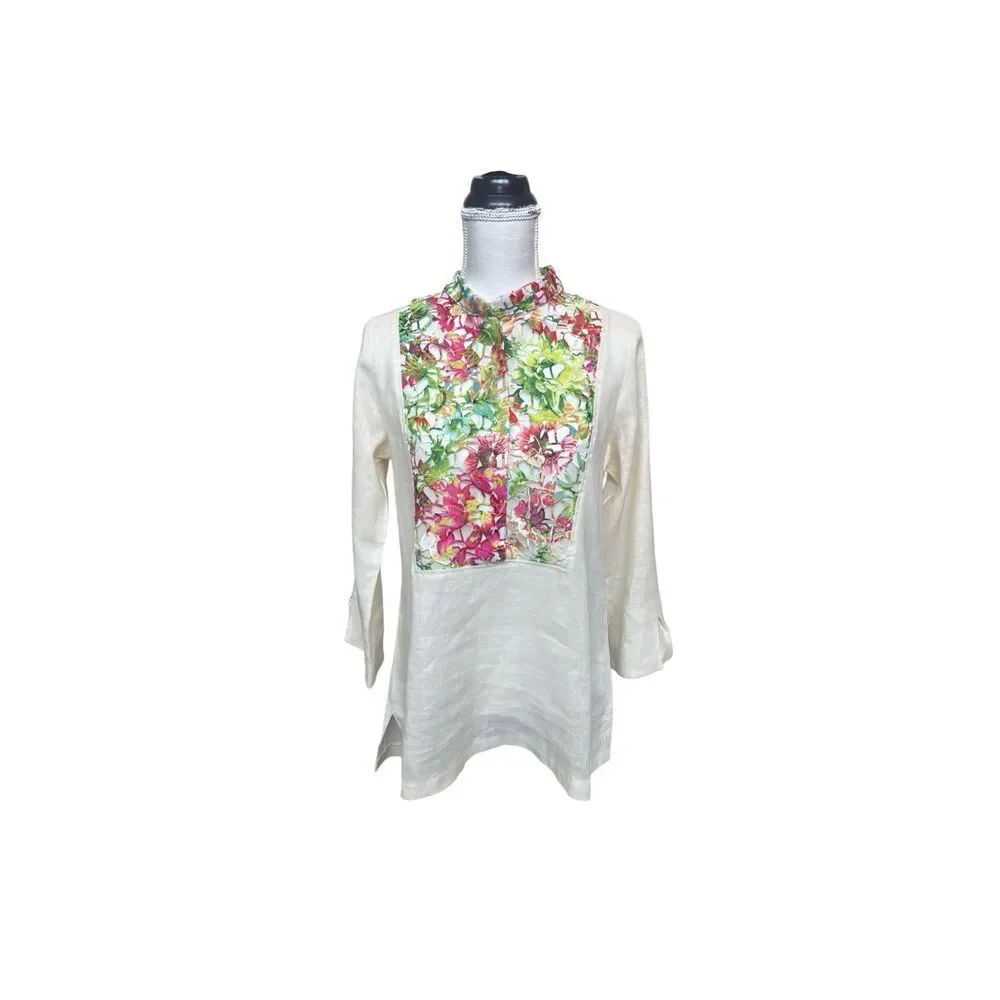 Boho Chic 100% Linen Floral Panel Tunic, Size S, Made in USA